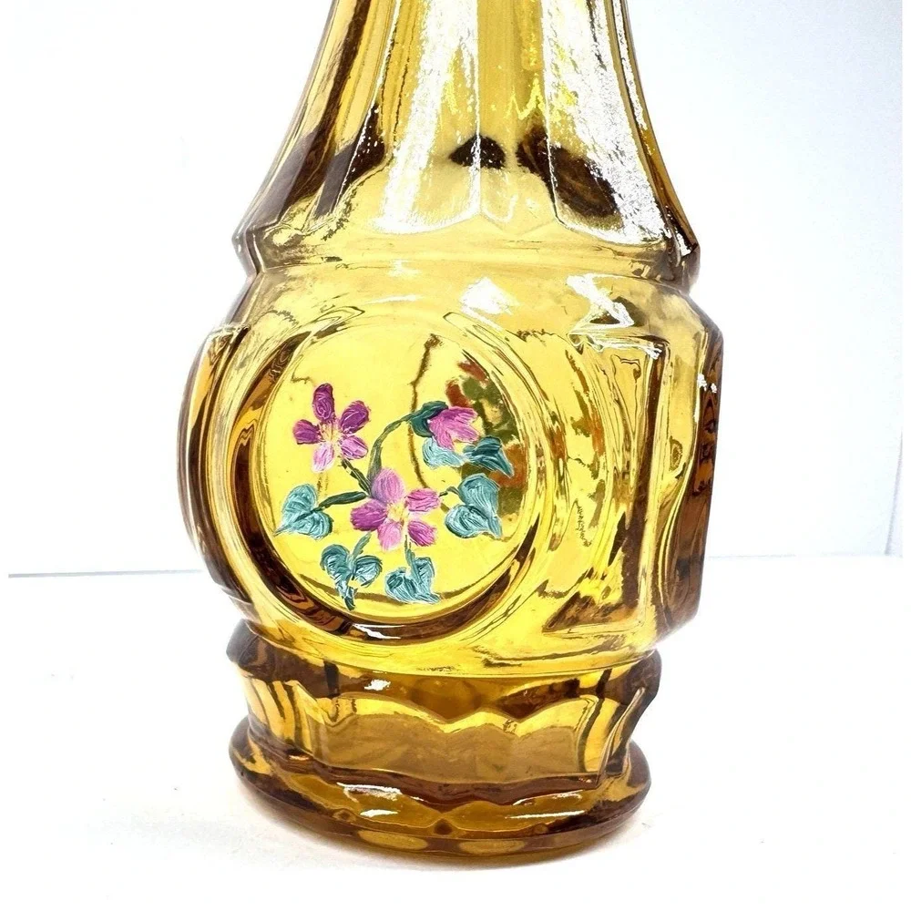 Vintage Amber Glass Bottle Vase Hand Painted Floral Panels Narrow Neck Decor‎
